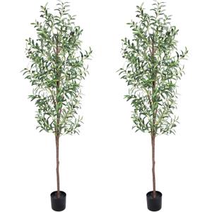 Artificial Olive Tree, 6FT Tall Faux Olive Trees 72in Outdoor Fake Potted Silk Plant with Trunk and Realistic 648 Leaves and 24 Fruits for Modern Office Home Decor Indoor 2Pack