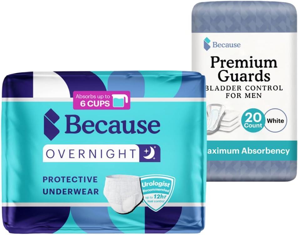 Because Overnight Absorbency Incontinence Underwear + Men's Guard Bundle - Includes 40ct Underwear, XXL, & 20ct Guards - Ideal for Heavy Leaks, Leakproof & Odor-Proof Comfort, Made in The USA