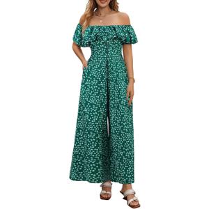BeryLove Women Floral Casual Jumpsuit Summer Off The Shoulder Wide Leg Vacation Beach Jumpsuits with Pockets (Green, XL)