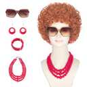 Yan Dream Women Short Curly Red Brown Wig and Glasses Red Oversized Necklace Earrings Stacked Bracelets Party Halloween Wig