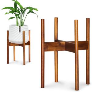 Fox & Fern Mid Century Plant Stand  10 Inch Fixed Size Wooden Plant Stand for Indoor Planters (Not Included) - Raised Flower Pot Holder for Indoors - Plug In Design - Two Height Options - Acacia