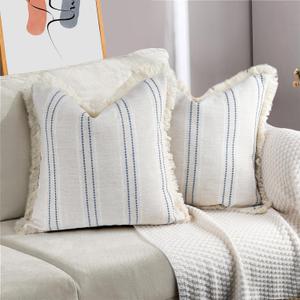 AELS 18x18 Decorative Farmhouse Linen Throw Pillow Covers with Fringe,Boho Textured Pillow Case,Set of 2,Beige with White & Navy Blue Stitch Yarn Dyed Stripe Cushion Cover for Sofa Couch (Cover ONLY)