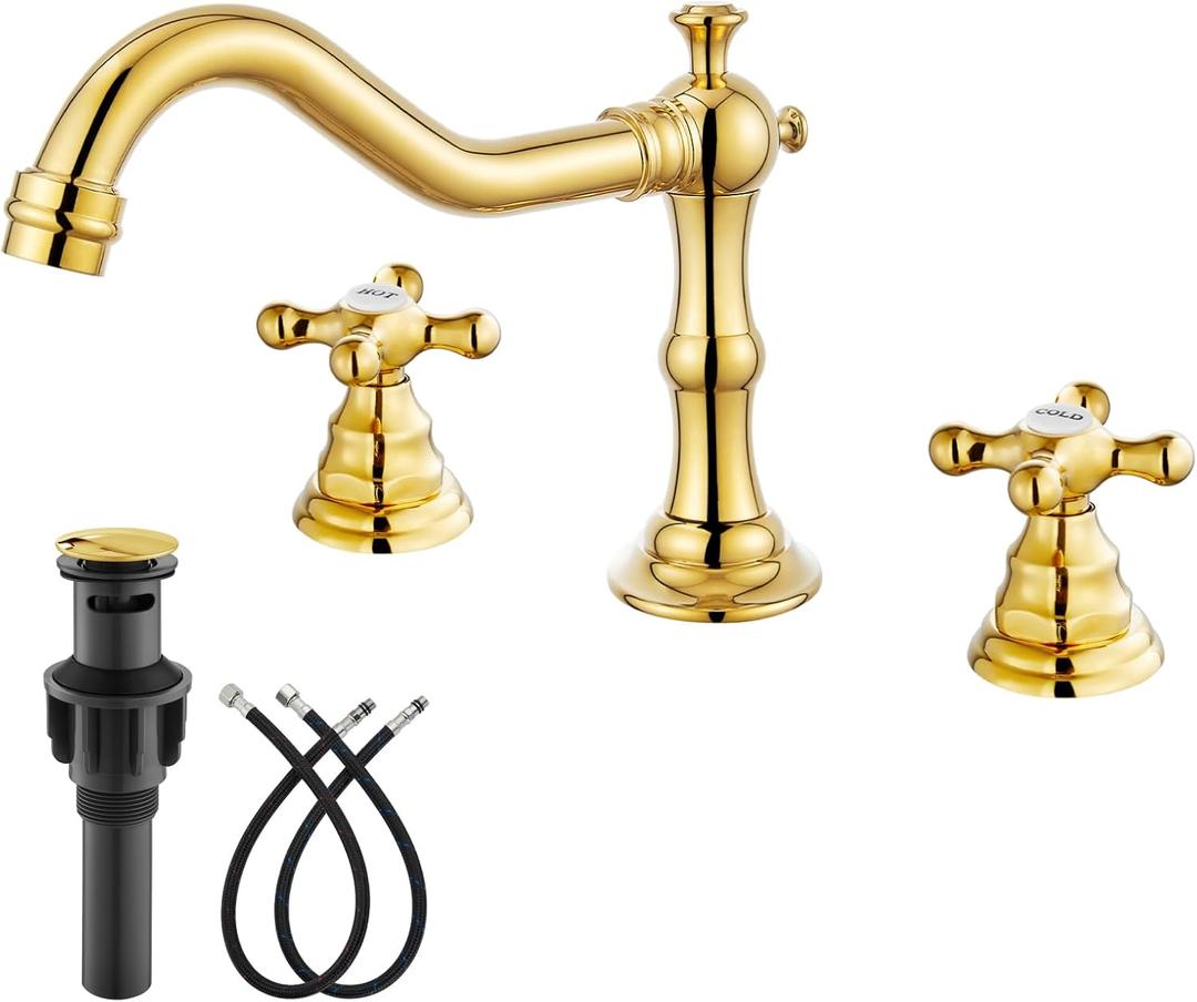 gotonovo Bathroom Faucet 3 Hole 8 Inch Widespread Bathroom Sink Faucet 2 Cross Handles Vintage Lavatory Vanity Mixer Tap with Pop Up Drain, HOT Cold Label, Polish Gold