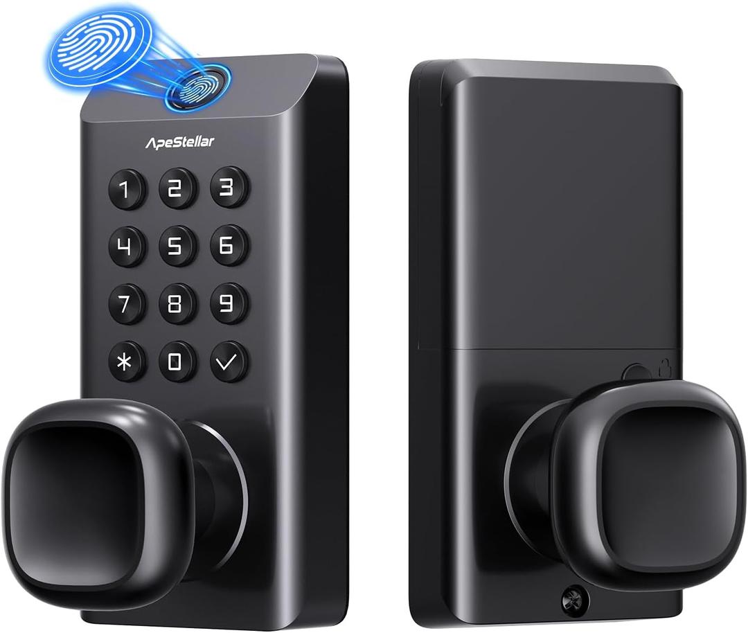 Fingerprint Keyless Entry Door Lock, Heavy Duty Fingerprint Door Knob, Keypad Door Lock with Handle, Digitl Electronic Door Knob Lock with Keypad, High Durability, Voice Prompt for Easy Use, Black