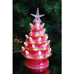 MOMENTS IN TIME Ceramic Christmas Tree 9 Pink LED Lighted Pre-Lit Tabletop Tree with Warm White Bulbs & Star Topper, Battery Operated Holiday Dcor