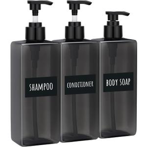 Segbeauty 16.9oz Shampoo Bottles Refillable Pump Bottle, 3pcs Shower Bottle Soap Dispenser with Labels, 500ml Gray Empty Plastic Square Shampoo Conditioner Dispenser, Body Wash Containers for Bathroom