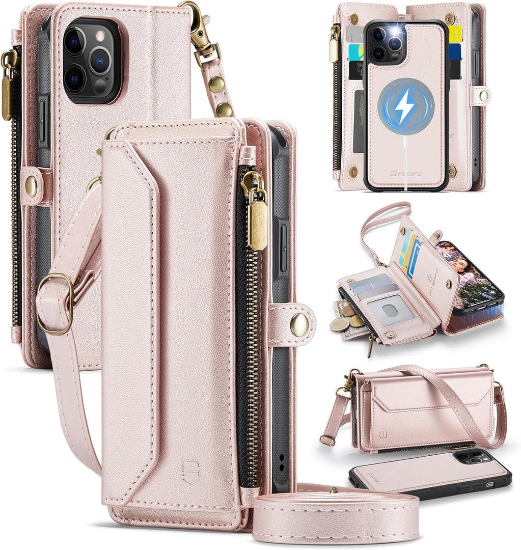 Strapurs for iPhone 12 / iPhone 12 Pro Detachable Wallet Case Compatible with Magsafe, RFID Blocking 9-Card Holder Zipper Strap Lanyard PU Leather Magnetic Phone Case for iPhone 12 6.1", Rose Gold
