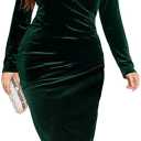 TINSTREE Womens Plus Size Long Sleeve Velvet Bodycon Dresses Sexy Ruched Wrap Deep V Neck Party Cocktail Dress, Size: XXL
