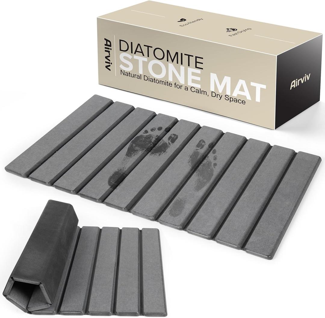 Foldable Stone Bath Mat | 23.6" x 15.4" Diatomaceous Earth Bath Mat with Anti-Slip Rubber Backing | Absorbent Bathroom Mat | Non Slip & Fast Drying Diatomite Stone Mat for Bathroom | Dark Grey