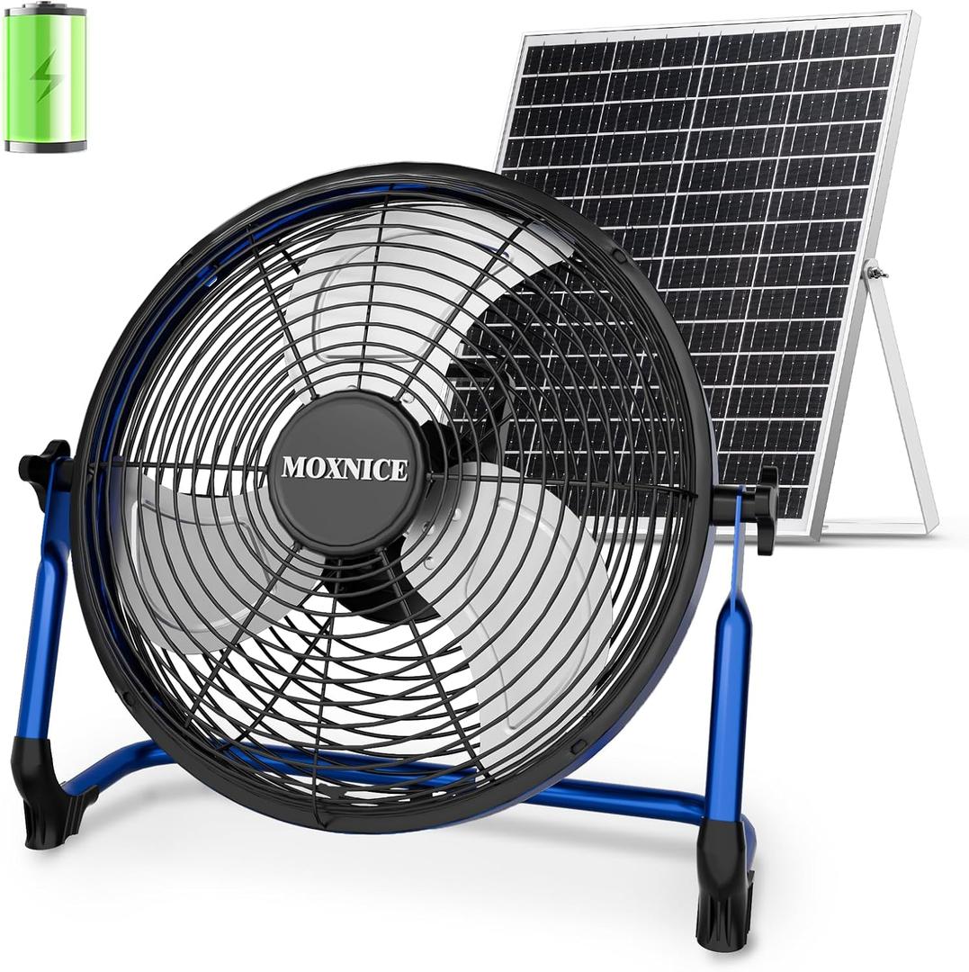 14" Solar Fan, Portable Solar Powered Fan, Rechargeable Battery Operated Floor Fan with Metal Blade & Quiet Brushless Motor for Home Garage RV Camping Chicken Coop Greenhouse, USB Charging, Blue 14" Fan L