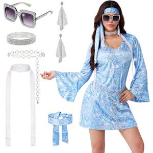 Spooktacular Creations 70s Disco Outfits for Women, Halloween Dress with 70s Accessories for Halloween Costumes Dance Party (Small, Blue)