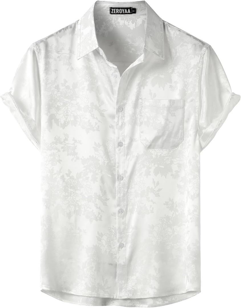 ZEROYAA Men's Shiny Luxury Silk Satin Floral Jacquard Short Sleeve Regular Fit Button Down Shirt for Party Prom (XX-Large, White)