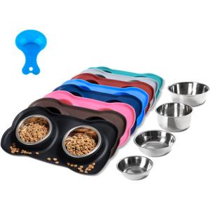 Hubulk Pet Dog Bowls 2 Stainless Steel Dog Bowl with No Spill Non-Skid Silicone Mat + Pet Food Scoop Water and Food Feeder Bowls for Feeding Small Medium Large Dogs Cats Puppies (M, Black)
