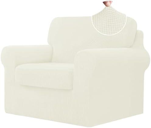 CHUN YI 3 Piece Armchair Cover, Stretch 1 Seater Couch Cover with 1 Separate Backrest and Cushion with Elastic Band, Sofa Slipcover Spandex Jacquard Fabric (Small, Ivory White)