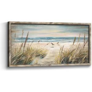 Beach Coastal Framed Wall Art: Ocean Sea Bird Seagull Painting Picture Wooden Peaceful Seaside Sand Seascape Artwork Print Decor for Bedroom Living Room Office