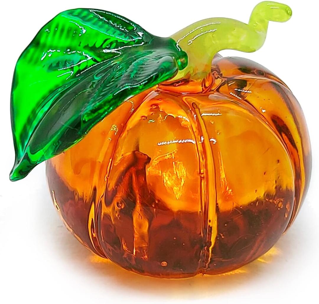 WitnyStore Tiny 1" Long Orange Pumpkin Figurine - Miniature Hand Blown Painted Glass Fruit Vegetable Replica Small Colorful Crystal Art Tabletop Paperweight Decorative Collectible Figures Dcor Gifts