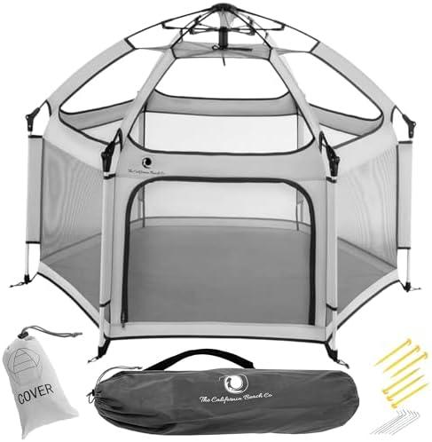 Pop 'N Go Baby Playpen, Portable Pack N Play, Canopy Beach Tent Light Grey | Patented “pop-up and release” technology with secure safety lock, bug proof mesh, aluminum frame carry bag 12 stakes included