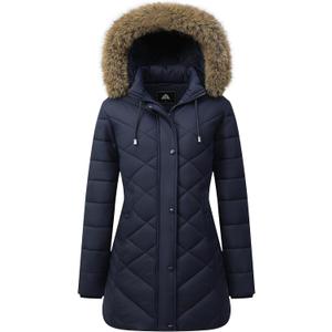 Women's Long Warm Winter Coat Windproof Thickened Fleece Lined Down Jacket Waterproof Puffer Outerwear with Removable Hood (Large, Navy)