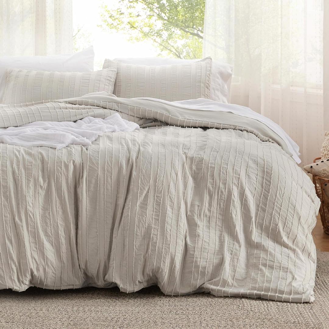 Bedsure Striped Boho Duvet Cover Queen Size - Tufted Boho Bedding Set, 3 Pieces Shabby Chic Home Bedding for All Seasons, Includes 1 Queen Duvet Cover & 2 Pillowcases (Light Beige, 90" x 90")