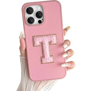 Skyseaco for iPhone 15 Pro Max Case Aesthetic Monogram Phone Case with Pink Leather Embroidered Letters Shockproof Protective Cover for Women Girls, Initial T
