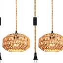 2 Pack Plug in Pendant Light Rattan Hanging Lamp with Switch,Mini Rattan Boho Semi Flush Mount Ceiling Light,Hand Woven Hallway Light Fixtures for Bedroom Entryway