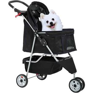 3 Wheels Pet Stroller for Dogs/Cats, Cat Dog Cage Stroller, Travel Folding Carrier with Removable Liner & Storage Basket & Cup Holder, for Small-Medium Dog, Cat - Black