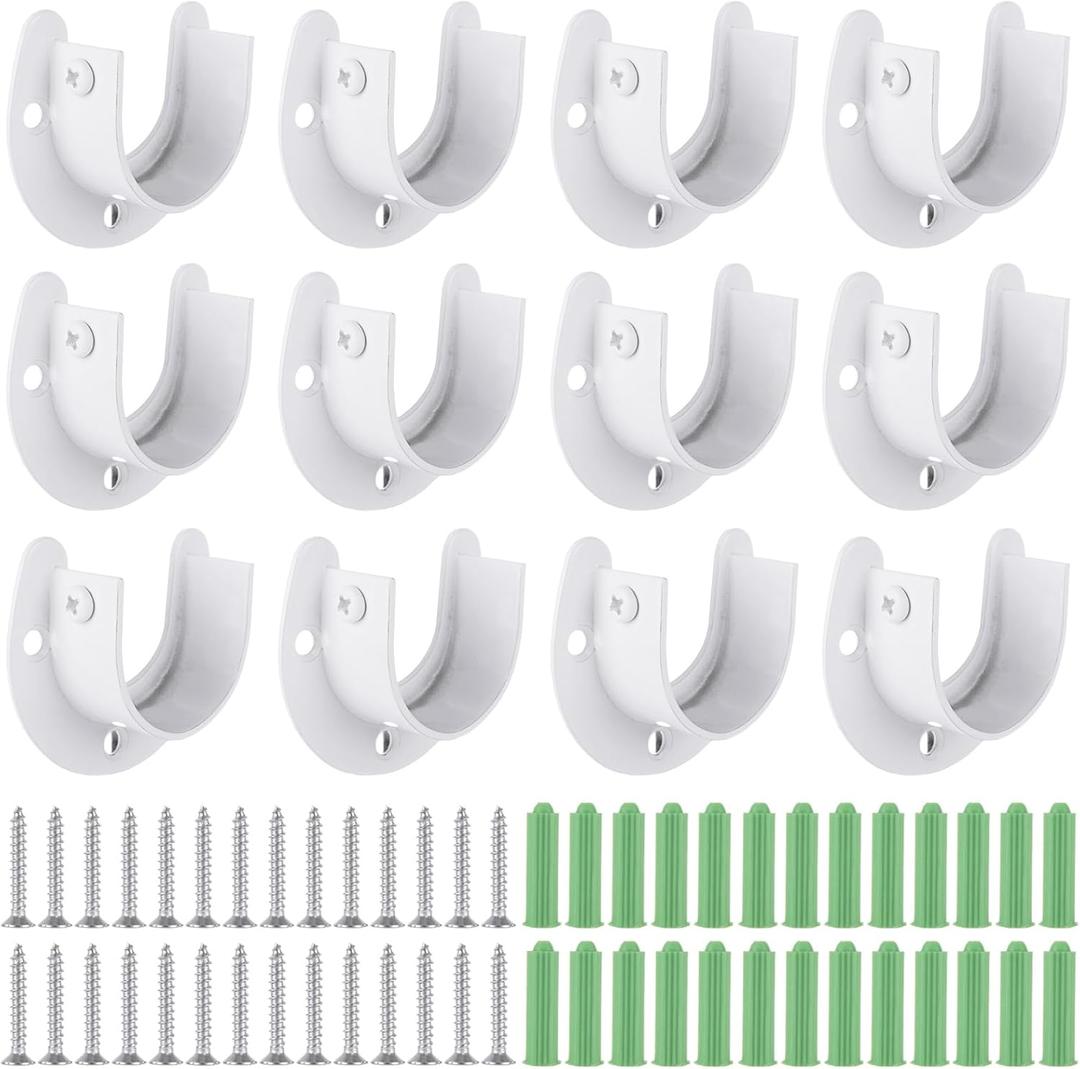 12PCS Stainless Steel Closet Rod Brackets, 1-1/2 Inch Dia. Heavy Duty Socket Flange Rod Holder, Shower Curtain Rod Pole End Supports, Open Type Wardrobe Bracket Holder with Screws U-Shaped, White