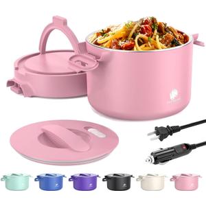 Portable Electric Lunch Box,Food Warmer Cooker,12/24/110V Heated Lunch Box for Car/Truck/Office- Ideal for Men & Women Gifts,100W Mini Portable Food Warmer Heater,Warming Soup & Meal,Smart Keep Warm (Pink)