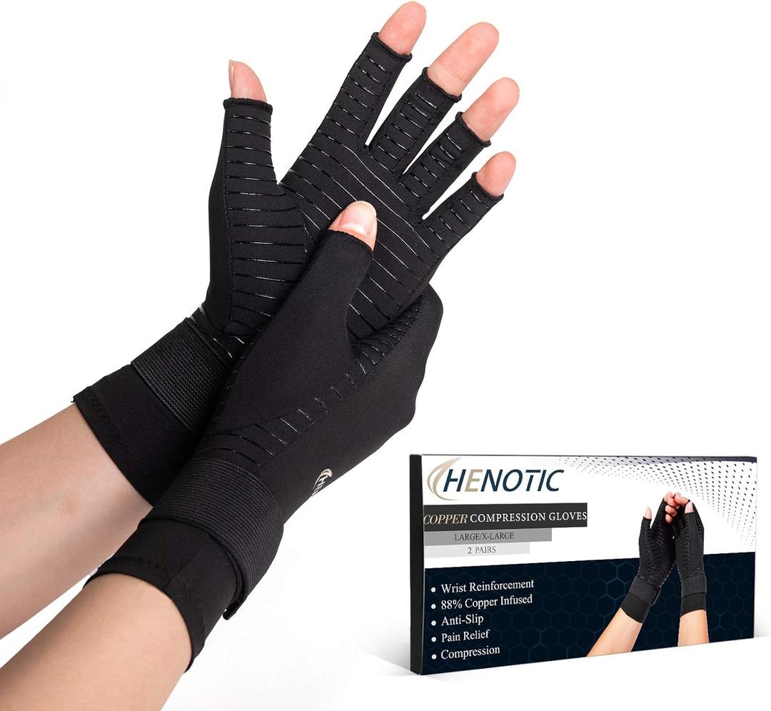 2 Pairs Copper Arthritis Gloves for Women Men, Wrist Reinforcement Fingerless Arthritis Compression Gloves for Relieving Carpal Tunnel Aches, Rheumatoid Pains, Joint Swell (Large/X-Large: 3 3/4"-4 1/2")