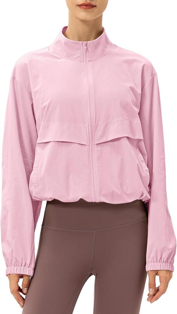 Locachy Women's Lightweight Zip Up Athletic Jacket Stand Collar Windproof Sun Protection Workout Outdoor Jacket (Pink, S)
