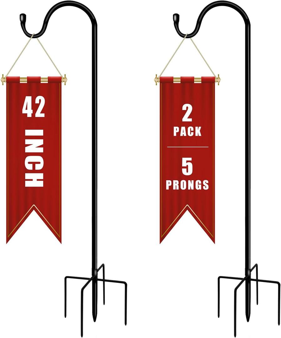 Shepherds Hooks for Outdoor 42 Inch Garden Bird Feeder Pole with 5 Prongs Base Adjustable for Hanging Flower Basket Plant Pot Solar Lantern Light Wind Chime Hanger for Wedding Decor 2 Pack