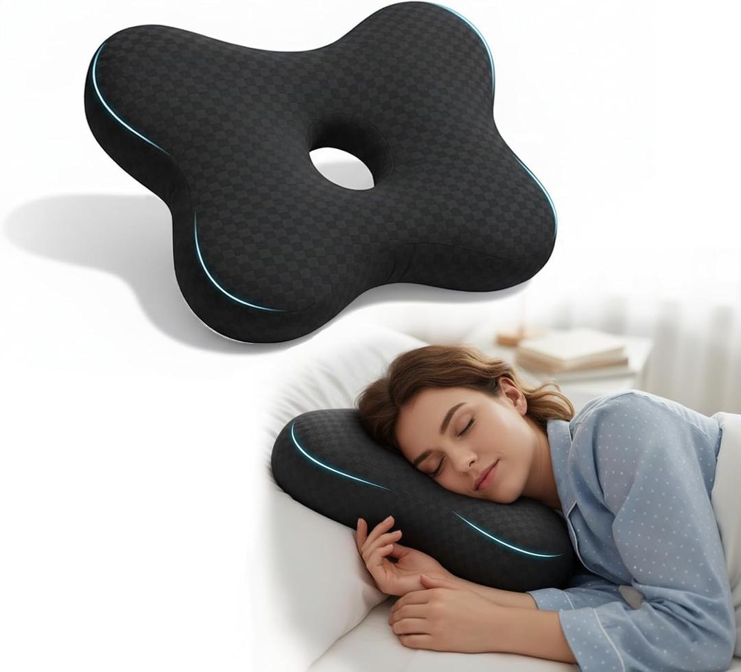 Pozico Ear Piercing Pillow with Hole  Butterfly Shape Side Sleeper Pillow for Ear Pain Relief, CNH, Surgery Recovery  Adjustable Filling, Ergonomic Support & Washable Cover, Black