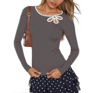 MEROKEETY Womens Trendy Spring Cut Out Tops 2026 Long Sleeve Boat Neck Y2k Slim Fit Casual Going Out T Shirts Blouses Clothes (Gray, M)