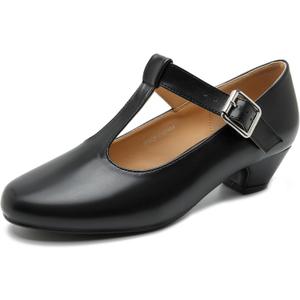 MAIERNISI JESSI Women's T-Strap Mary Jane Pumps, Low Block Heel, Buckle Closure, 37