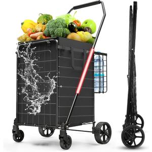 3.7 Cu Ft Folding Shopping Cart - 380 LB Capacity Grocery Cart with 360 Braked Swivel Wheels - Heavy Duty Utility Cart with Double Basket & Removable Waterproof Liner with Lid for Laundry