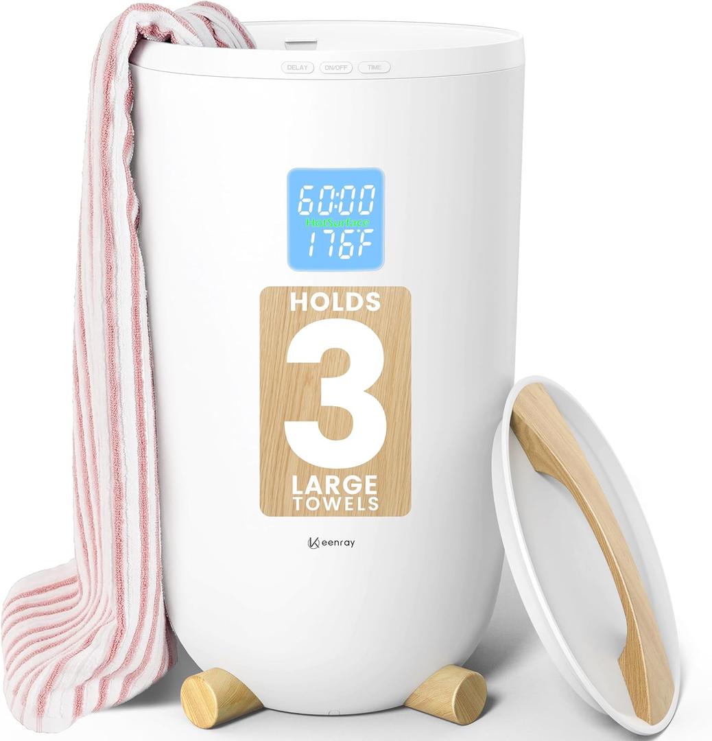 Keenray Large Towel Warmer Bucket, Luxury Towel Warmer for Bathroom, LCD Screen for Time and Temperature, Delay Time Up to 24 Hours, Fits 3 Large Towels, Blankets, Bathrobes, PJ's, Gift for Him & Her (Creamy White)