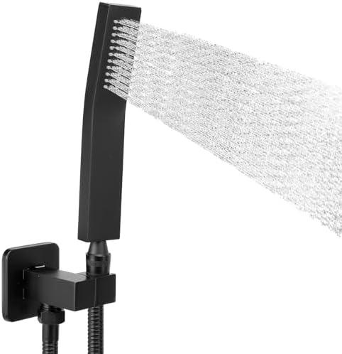 NearMoon Brass Hand Held Shower Head, Luxury High Pressure Shower Kit with Wall Connector and Hose Set, for Bathroom Showering System Contemporary Square Style (Matte Black)