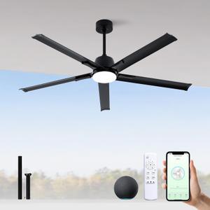 Minislak 62 Inch Smart Ceiling Fan with Light and Remote,Industrial Ceiling Fan with 5 Aluminum Blades,6 Speed,3CCT,Quiet DC Motor Indoor Outdoor Fan for Patio,Living Room,Bedroom