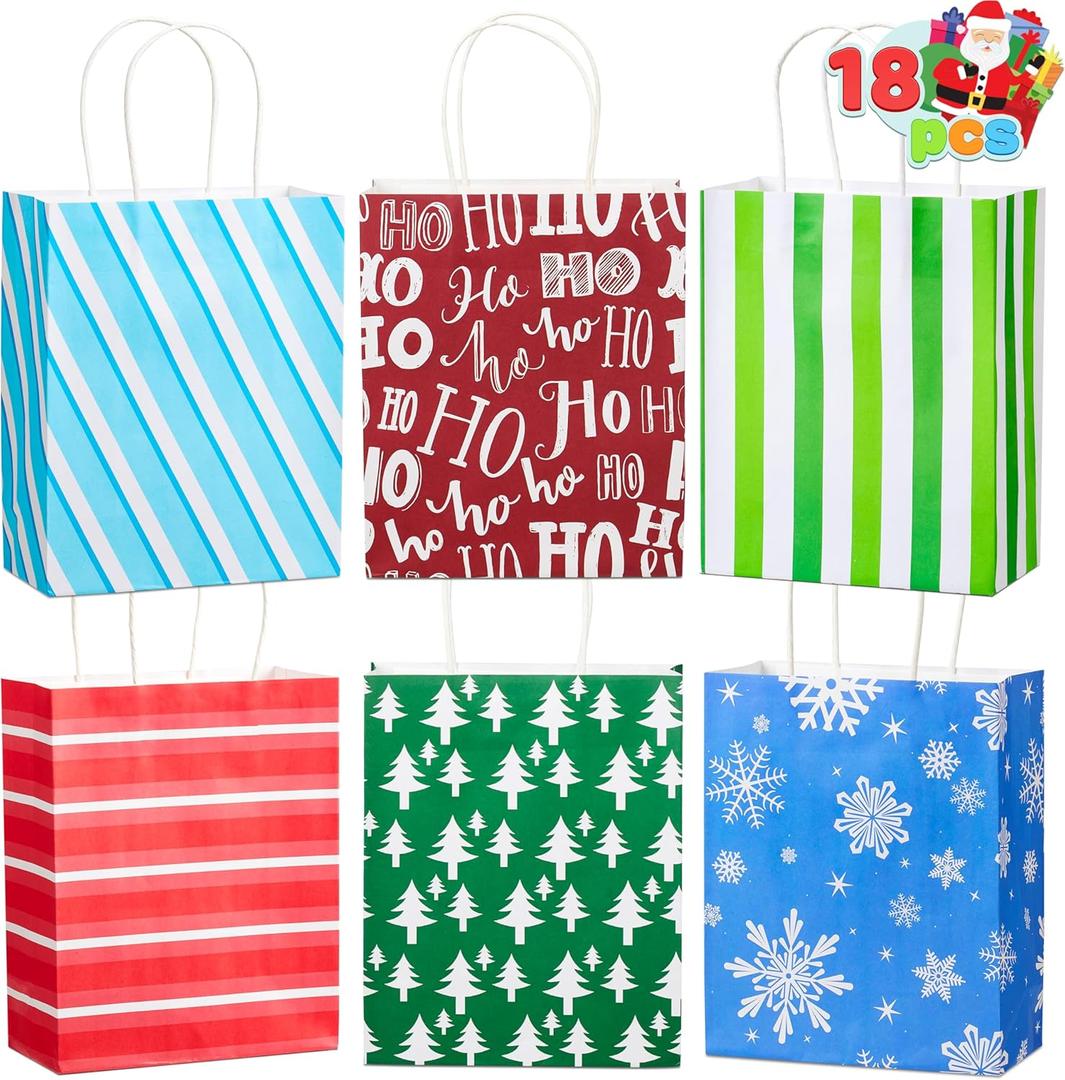 JOYIN 18 PCS Christmas Paper Gift Bags with Handles, Xmas Goodie Bags Snowflakes Christmas Trees for Festivals Birthdays Party Supplies, Holiday Present Packing (9"x 3.5"x 7.3")