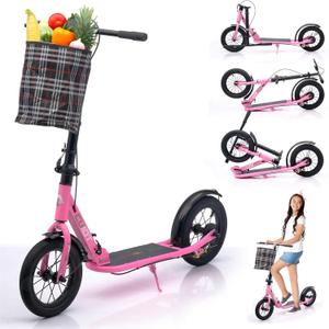 Adult Scooter for XXL Big Wheels, Folding Commuter Kick Scooter for Adults & Teens, Adjustable Heigh, Lightweight Sports Commuter Scooter for Kids Tenns Adults, 4 Adjustable Levels. (Pink)