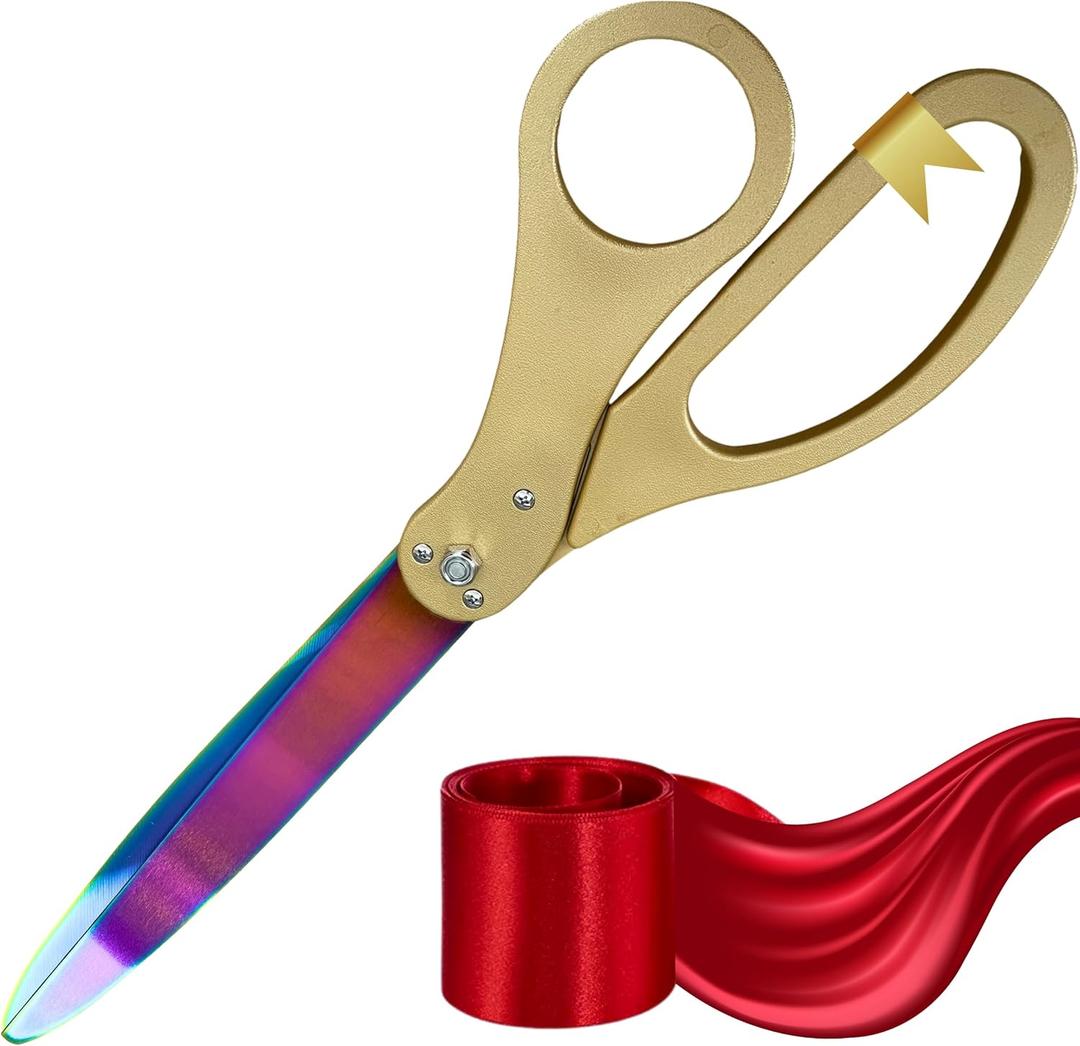 NEW Ribbon Cutting Grand Opening Kit - 25 Inch Gold Shears for Grand Opening with Rainbow Blades and Red Satin Ribbon for Inauguration Ceremonies & Special Events