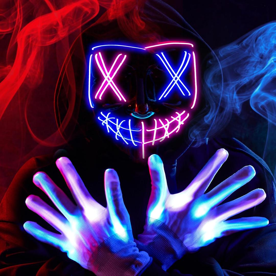 Spooktacular Creations Halloween Led Light Up Scary Mask and Gloves for Halloween Cosplay Costume (Pink & Blue), 3 Modes Glow in The Dark Mask for Adult Men Women Teen, Party Dress Up Accessory Gifts