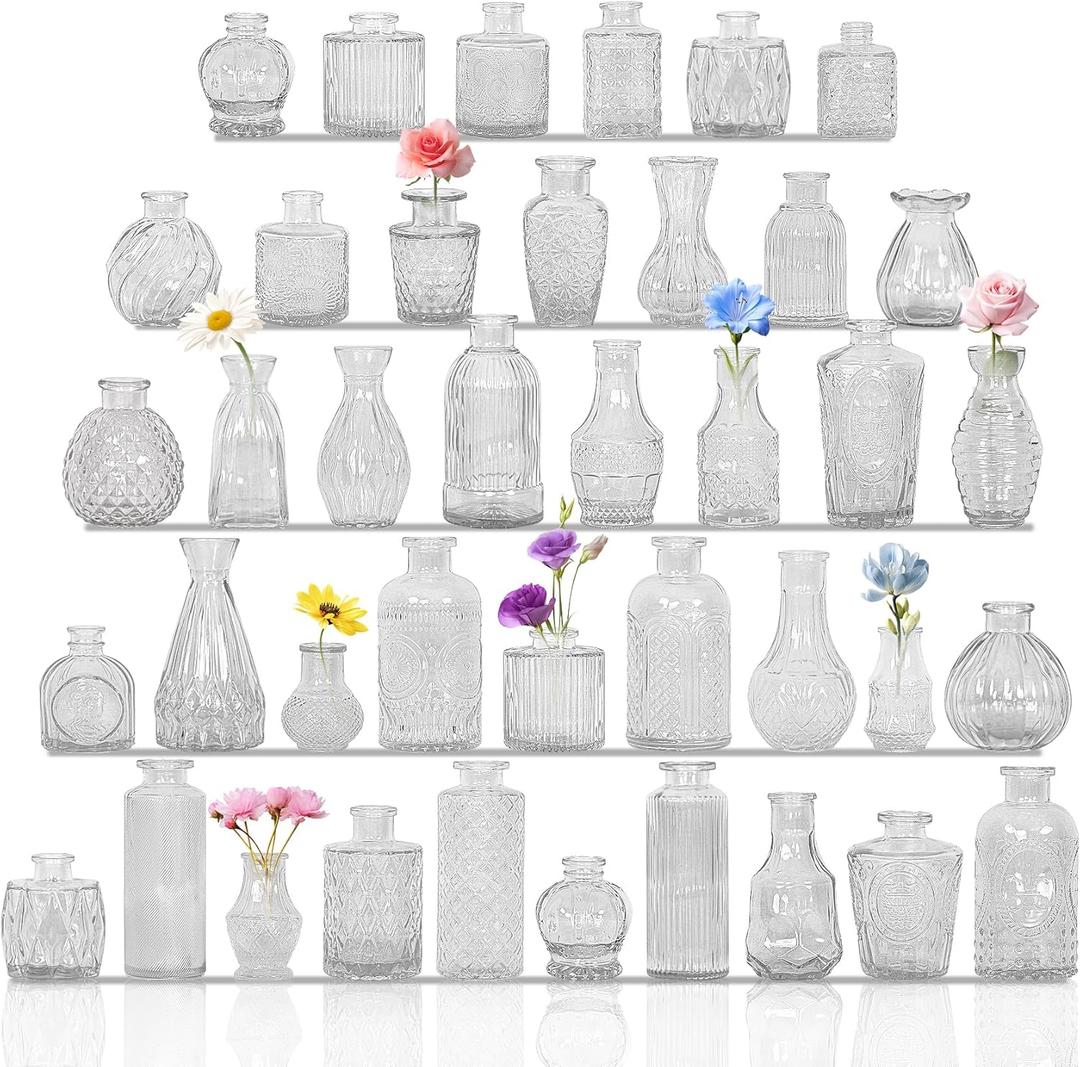 Set of 40 Glass Bud Vases, Small Clear Glass Vases in Bulk, Mini Vintage Embossed Flower Vase for Wedding, Centerpieces, Birthday Party, Baby Shower, Home Table Decorations (Clear)