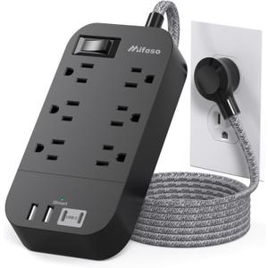 Extension Cord 15 FT, Flat Plug Power Strip, Long Extension Cord with Multiple Outlets with 6 Outlets 4 USB Ports(2 USB C), USB Power Strip for Home, Office, Dorm Room Essentials, College, Black