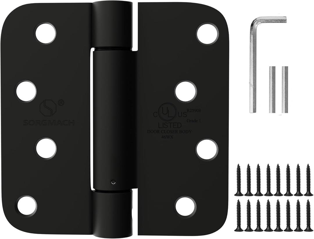 Self Closing Hinge 4 Inch Matte Black Auto Close Door Hinges Adjustable 4 Inch Spring Hinges 4"x 4" Door Closer Hinge 5/8" Radius Corner for Commercial Grade Auto Self-Closing UL Listed, 2 Pack