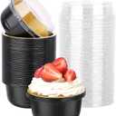 Beasea Aluminum Foil Ramekin Cups With Lids, 50 Pack 6.1oz 180ml Mini Disposable Foil Ramekins Aluminum Round Oven Baking Cupcake Cups for Party - Black Gold