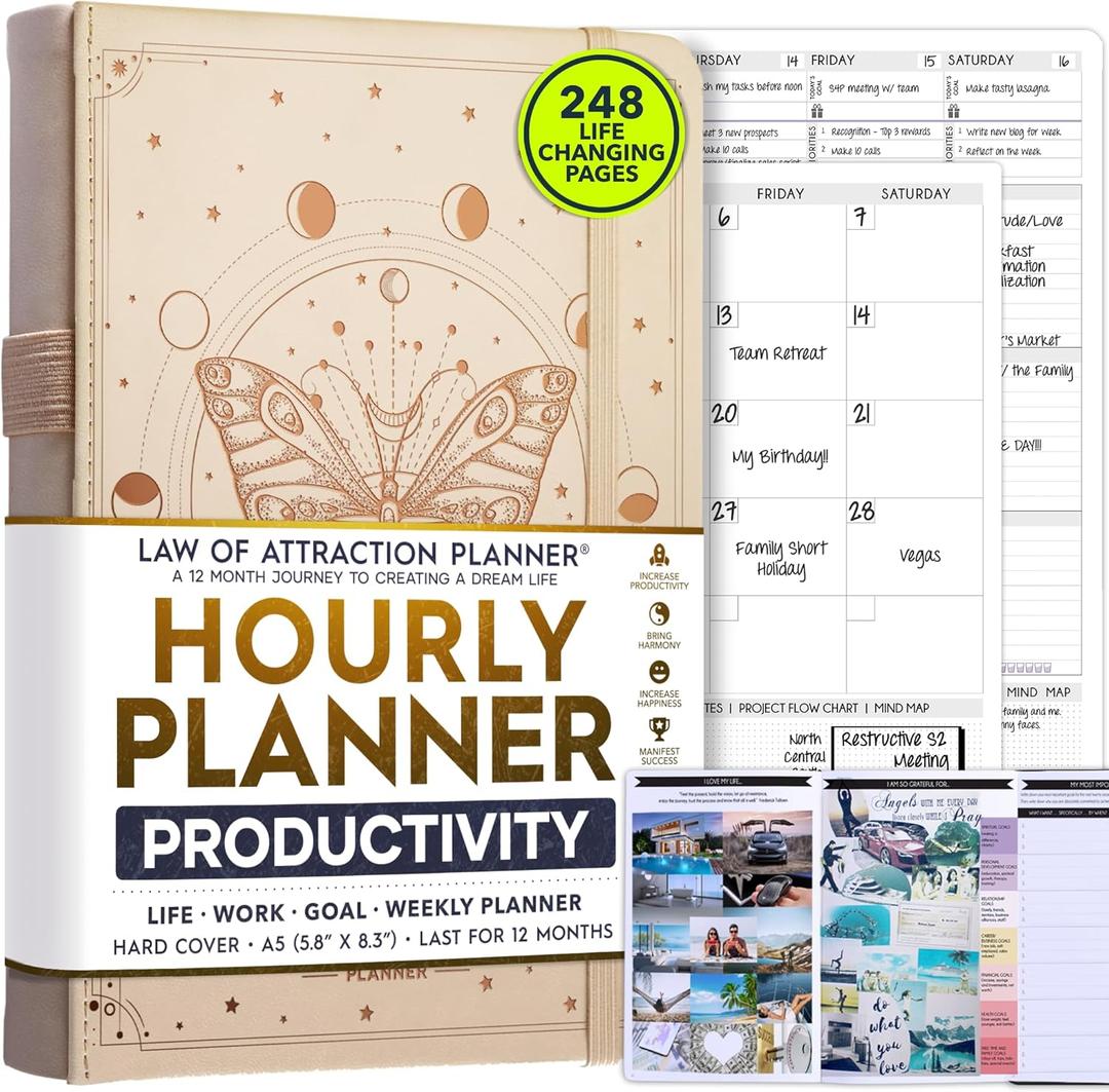Hourly Planner - Undated Weekly & Monthly Planner, 12-Month Journey to Increase Productivity | Gratitude Journal, Life Organizer & Goal Journal | Include Foldable Vision Board, Habit Tracker & Sticker (A5 (Undated) 5.8" x 8.3", Vanilla)