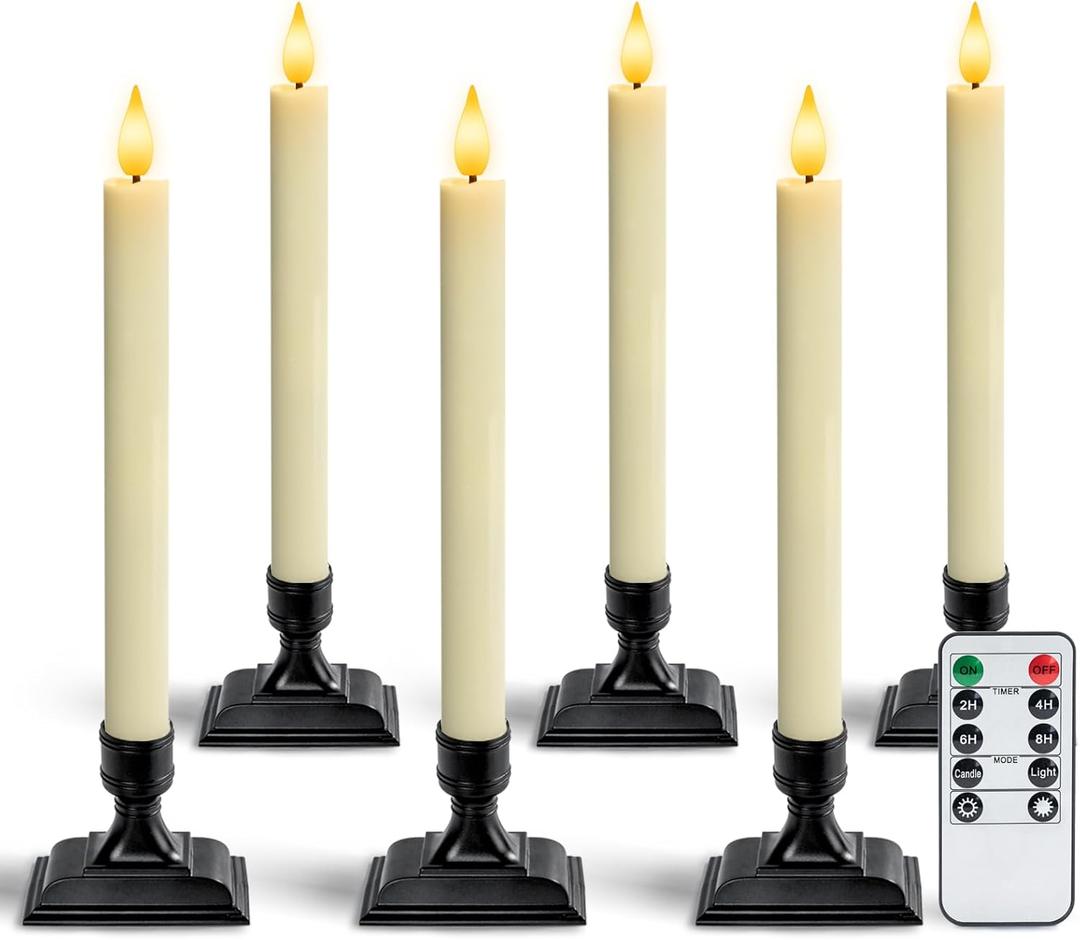 Homemory Real Wax Window Candles with Remote Timer Dimmer, Flameless Taper Candles with Holders, Christmas Candle for Window Battery Operated, LED Candlesticks for Home Holiday Decor,6 Pcs Ivory