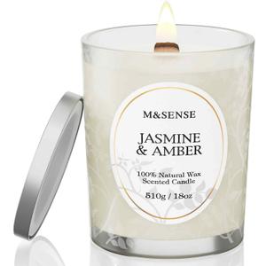 M&SENSE Jasmine Amber Scented Candle, Wooden Wick Candles with Lid, 100 Hours Slow Burning Natural Soy Wax 18oz, Stress Relief Relaxing Home Fragrance, Housewarming Gifts for Women Men