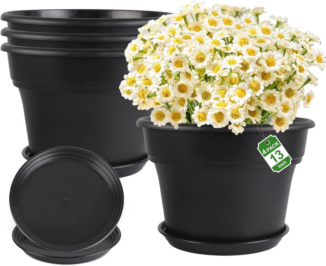 13-inch-Plant-Pots, 4 Pack Large Planters for Outdoor Plants, Plastic Flower Pots Indoor with Drainage Holes & Trays, Classic Garden Pot Container for House (Black)
